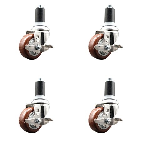 Service Caster 3.5 Inch 316SS Maroon Poly Swivel 1-5/8 Inch Expanding Stem Caster Set Brake SCC SS316EX20S3514-PPUB-MRN-TLB-158-4